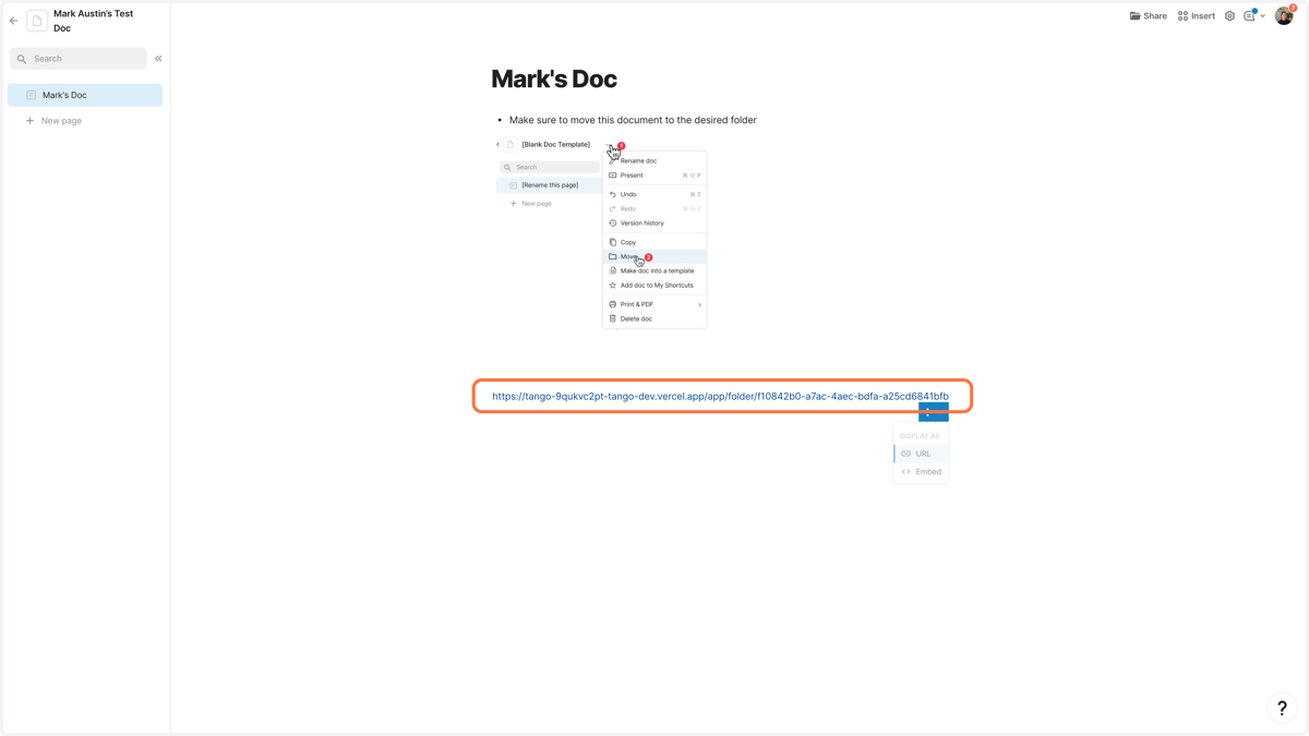 Paste the link - a dropdown menu will appear, giving the option to show the link as an embedded Tango.