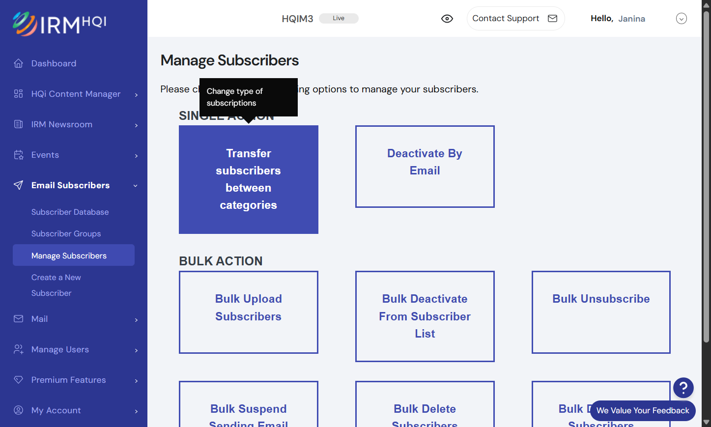 Transfer subscribers between categories: Provides the capability to choose all of the subscribers from an existing category and subscribe them to another.