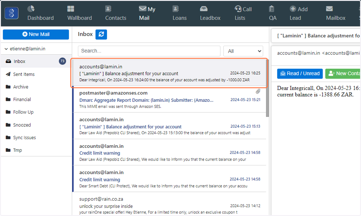 The email is now marked as Read