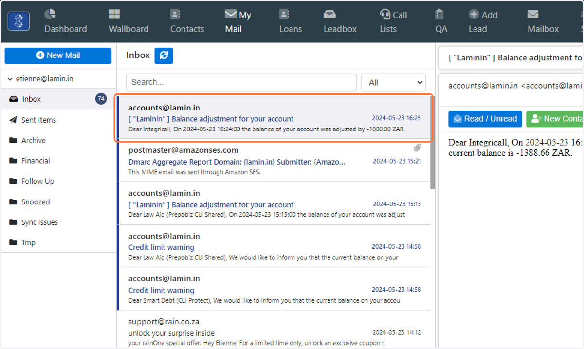 The email is now marked as Unread