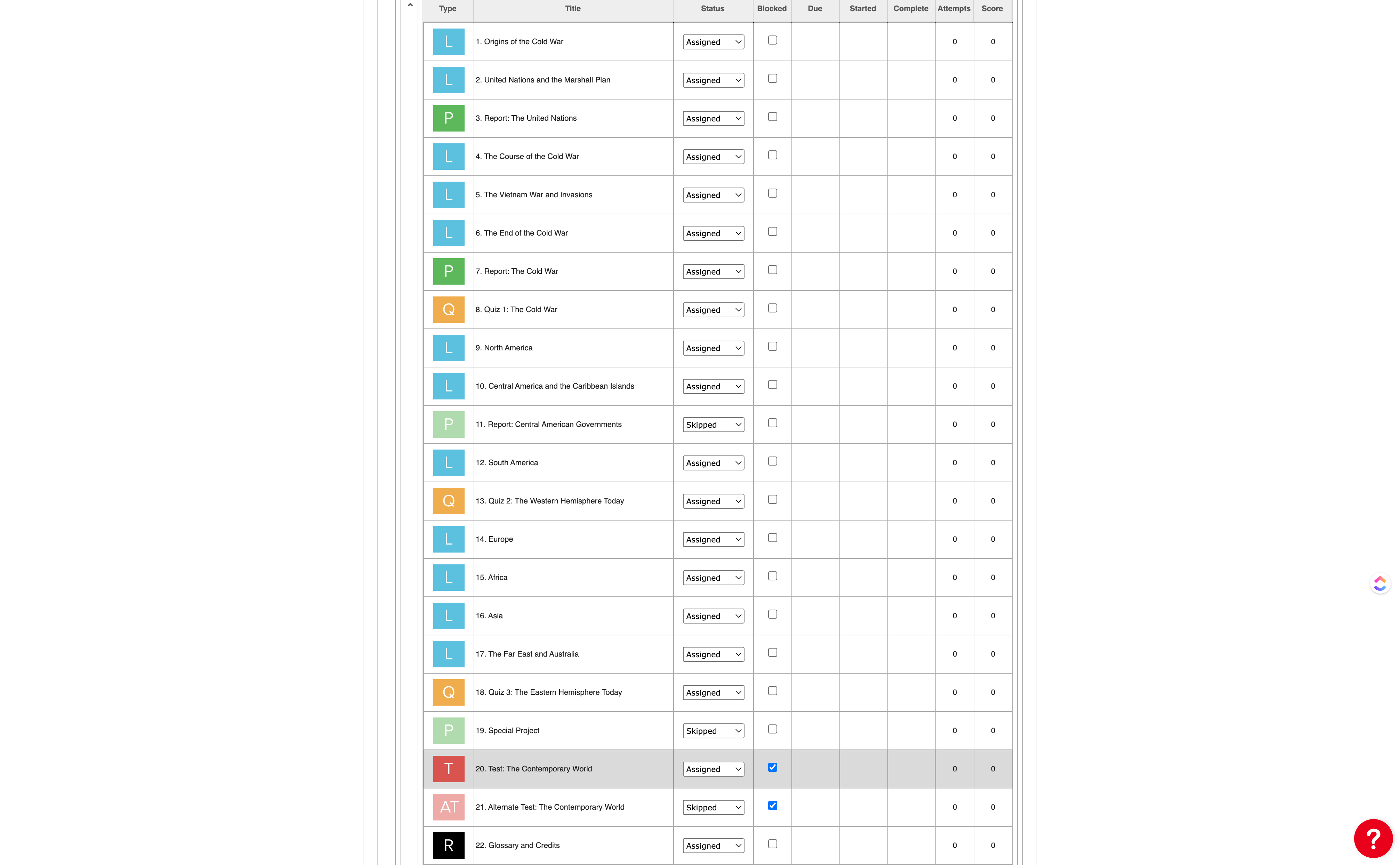 Blocked assignments are indicated by these checkmarks.