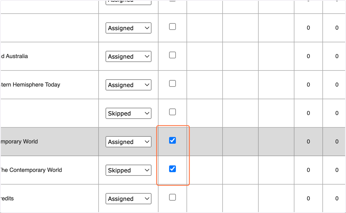 Blocked assignments are indicated by these checkmarks.