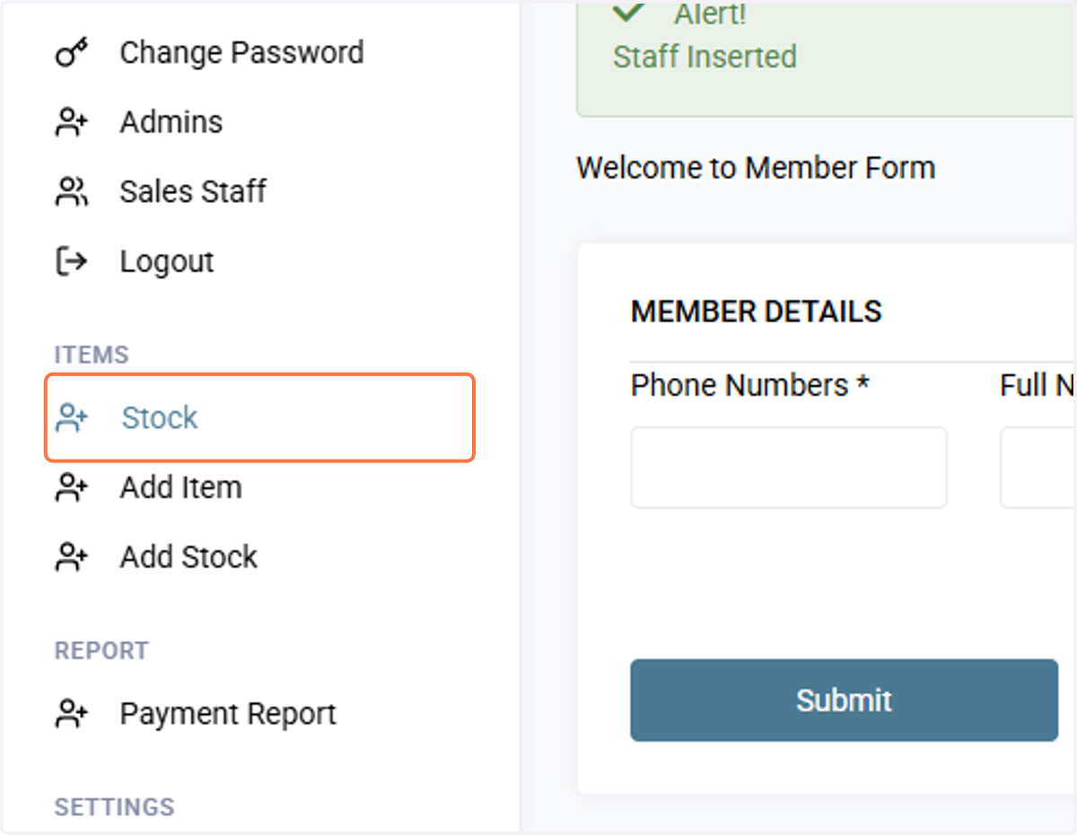 To add stock, click on Stock menu, it will display all the items with their prices, and available stock in the shop