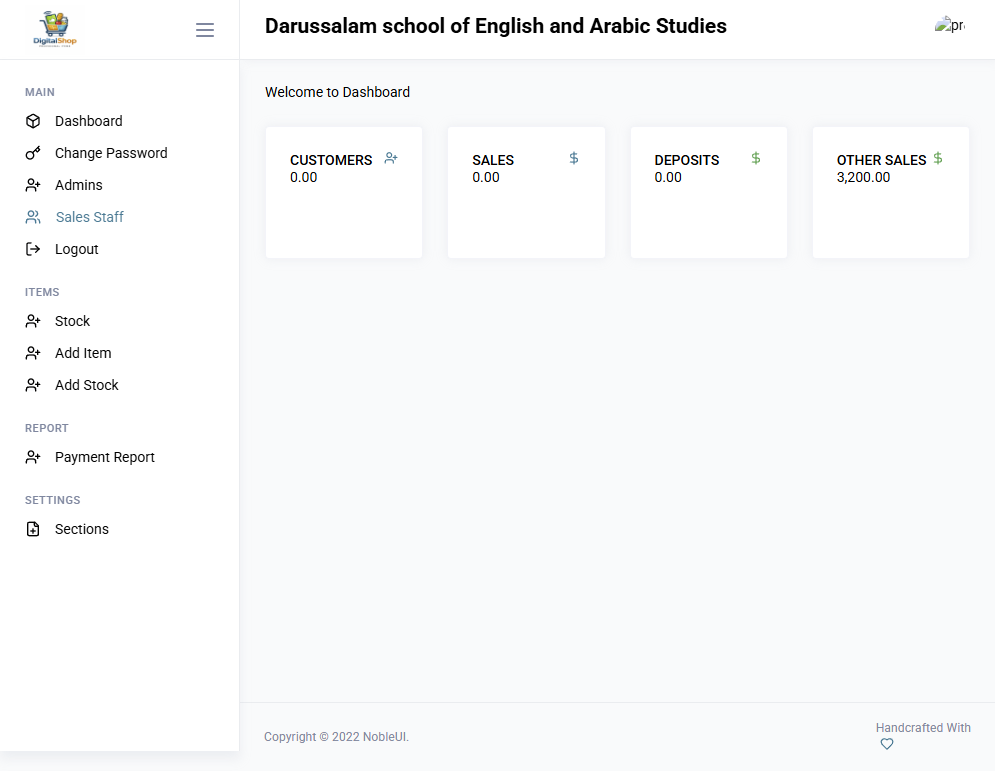 The system after login will bring you to your dashboard. To create sales staff, click on Sales Staff menu by the left.