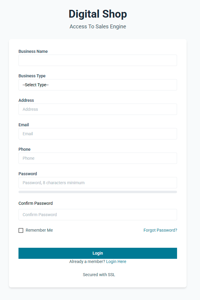 Provide the business name, business type, and the rest of the information to create your business page. Create a strong password and confirm it before saving