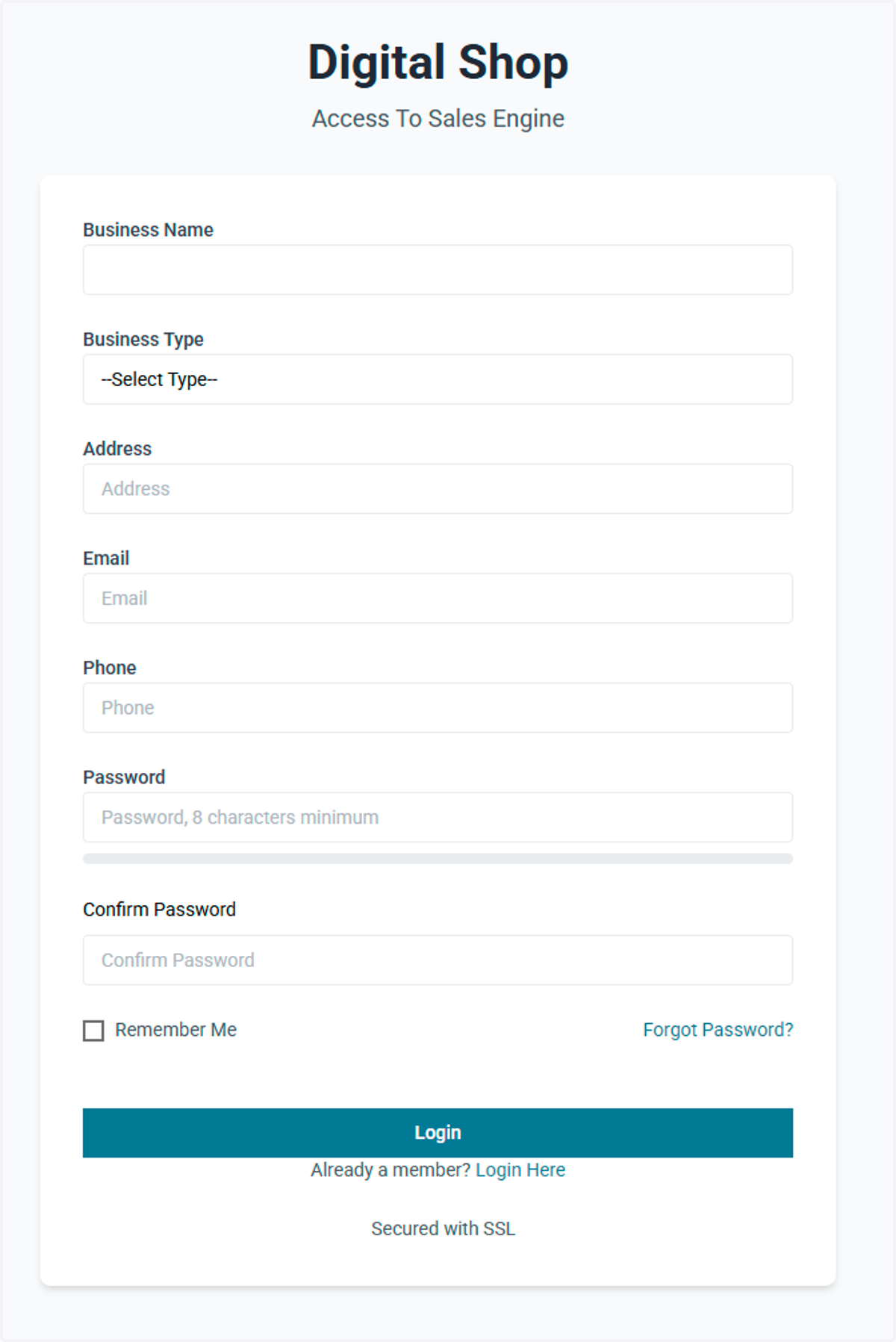 Provide the business name, business type, and the rest of the information to create your business page. Create a strong password and confirm it before saving