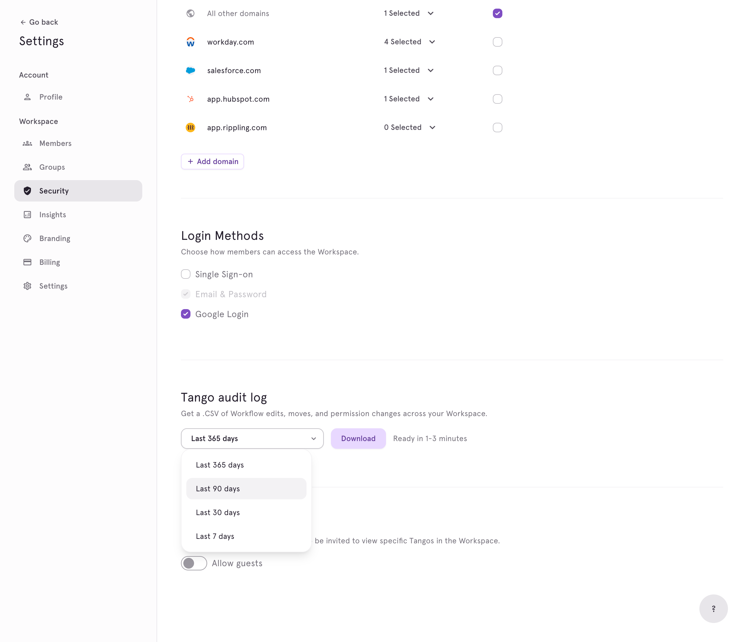 You can download logs for the past year, last 90 days, last 30 days, or last 7 days.