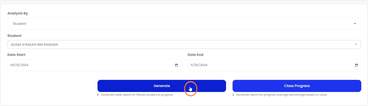 Kemudian untuk memilih progress pelajar, guru boleh memilih pelajar tersebut dan kemudian klik 'Generate' untuk tarikh yang ditetapkan.