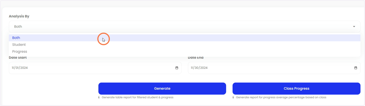 Pilihan boleh dibuat untuk kedua dua dengan memilih 'both' atau satu persatu untuk 'student' atau 'progress'.