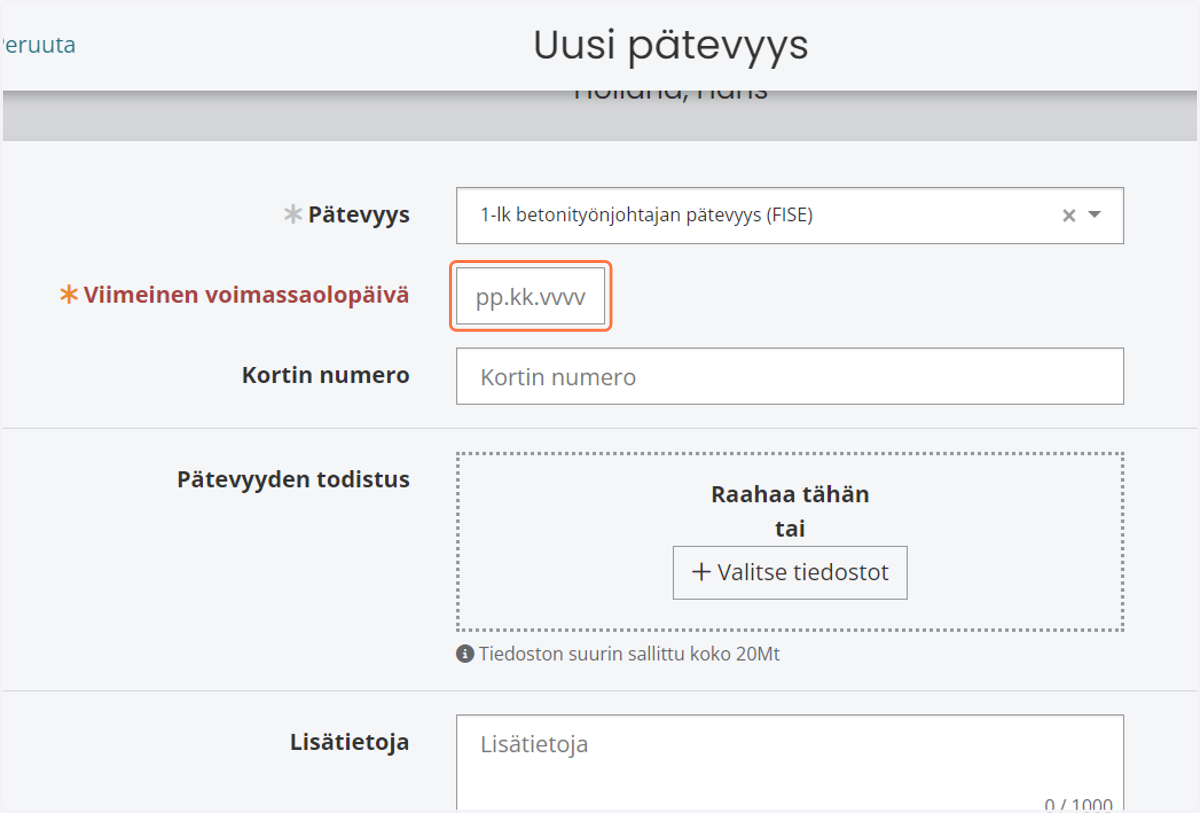 Valitse pätevyydelle viimeinen voimassaolopäivä