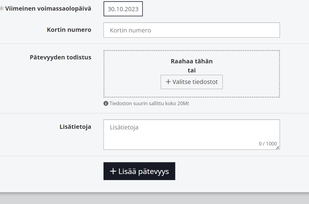 Viimeistele klikkaamalla Lisää pätevyys