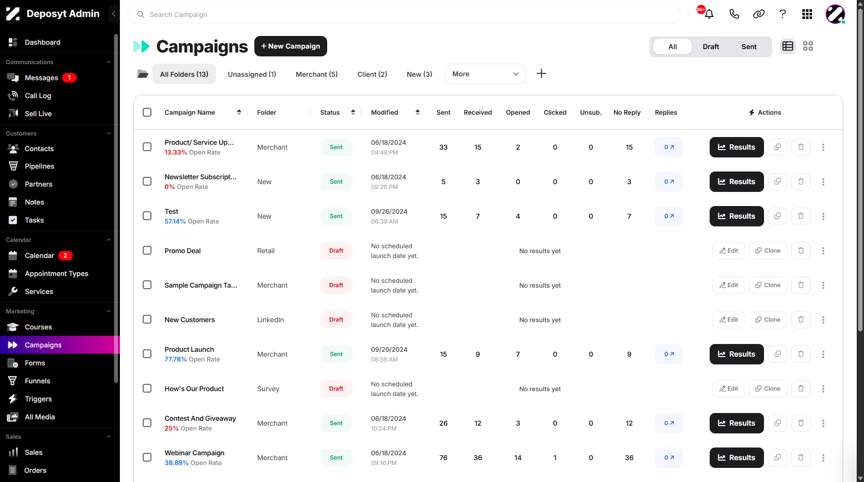 Step 1: On your Dashboard, navigate to the Campaigns tab under the Marketing section.