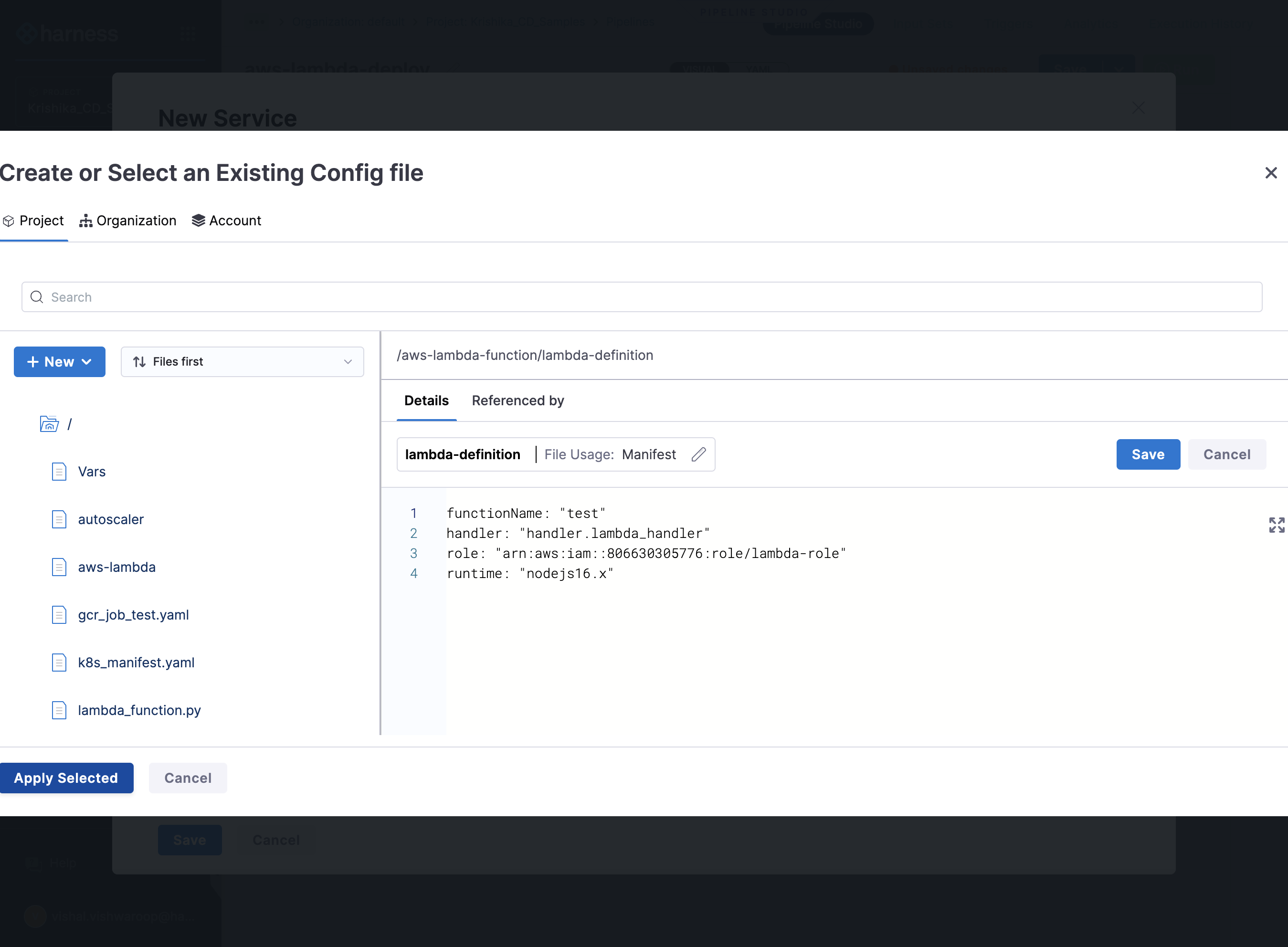 Provide the Lambda Function, save the file. Click on Apply Selected
