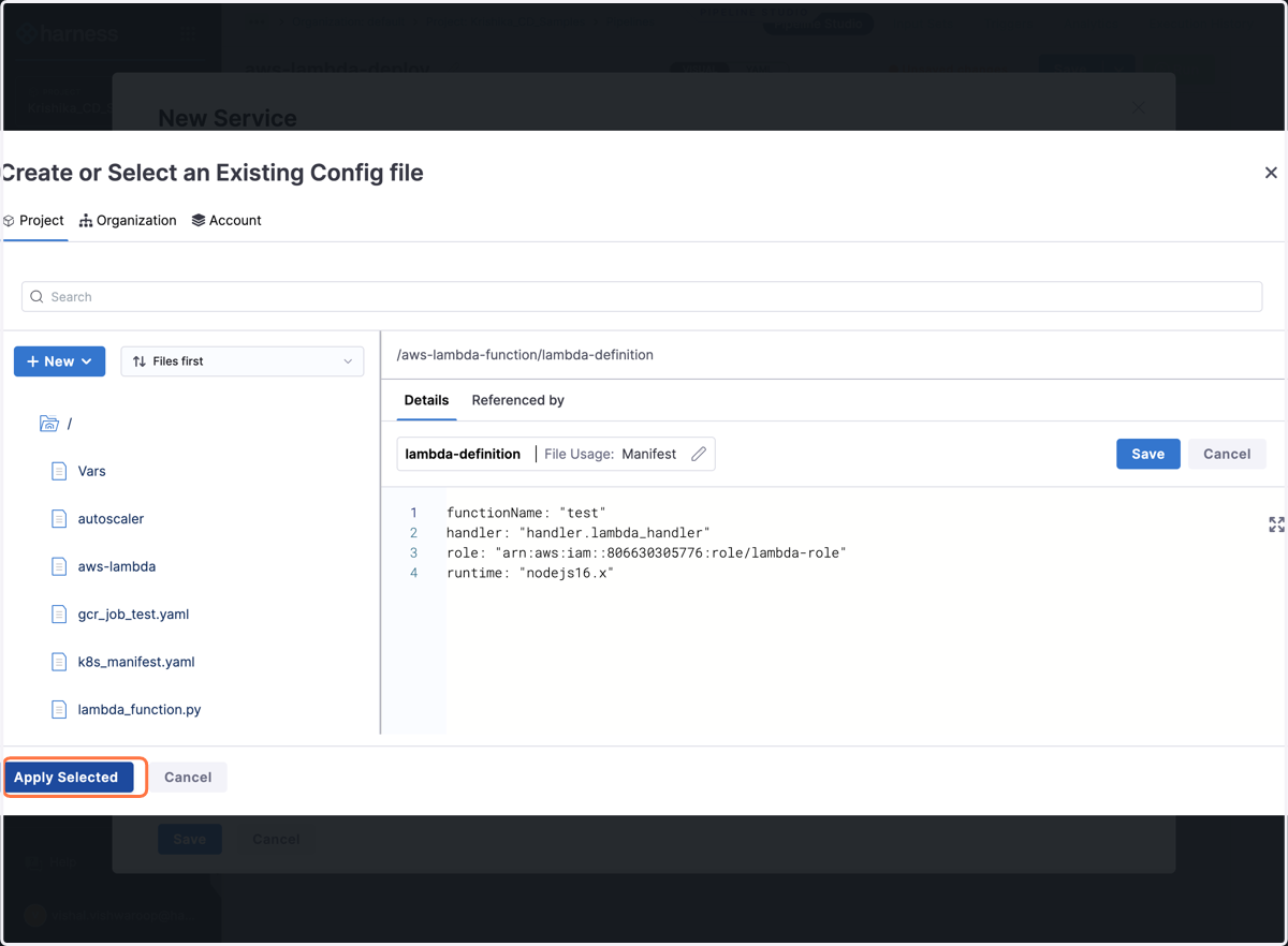 Provide the Lambda Function, save the file. Click on Apply Selected