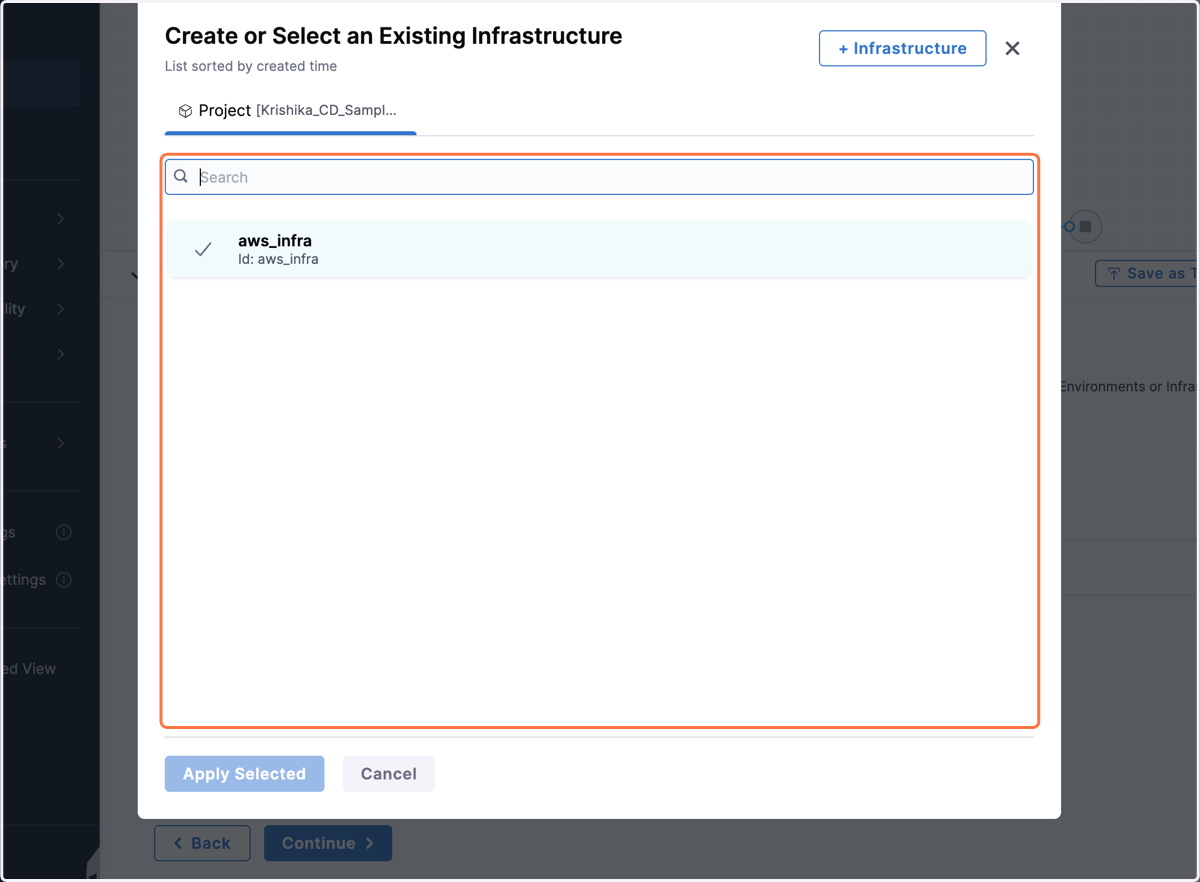 Select the Infrastructure, click on apply selected.