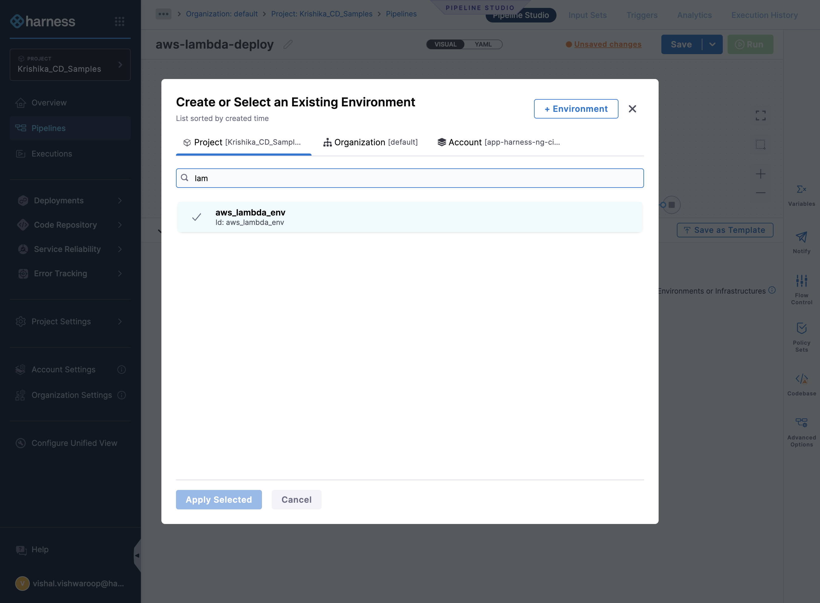 Select your environment, click on apply selected.