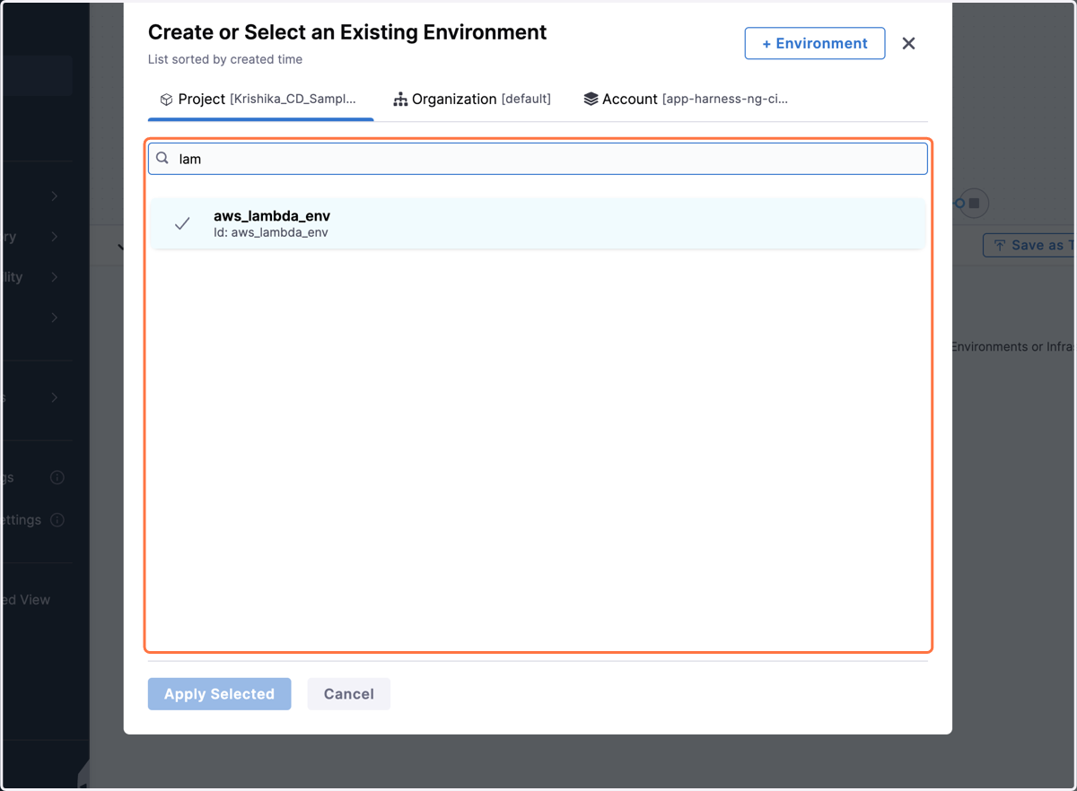 Select your environment, click on apply selected.