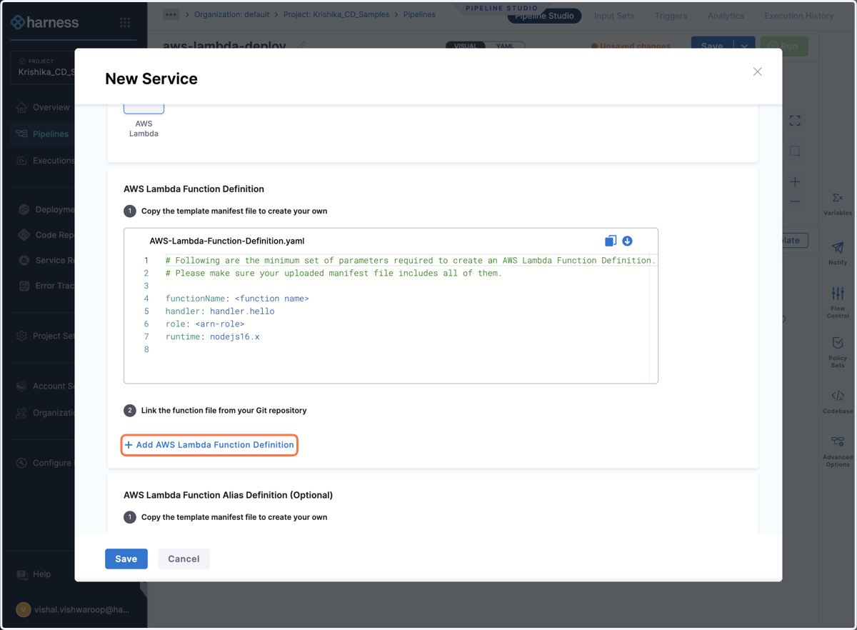 Click on Add AWS Lambda Function Definition