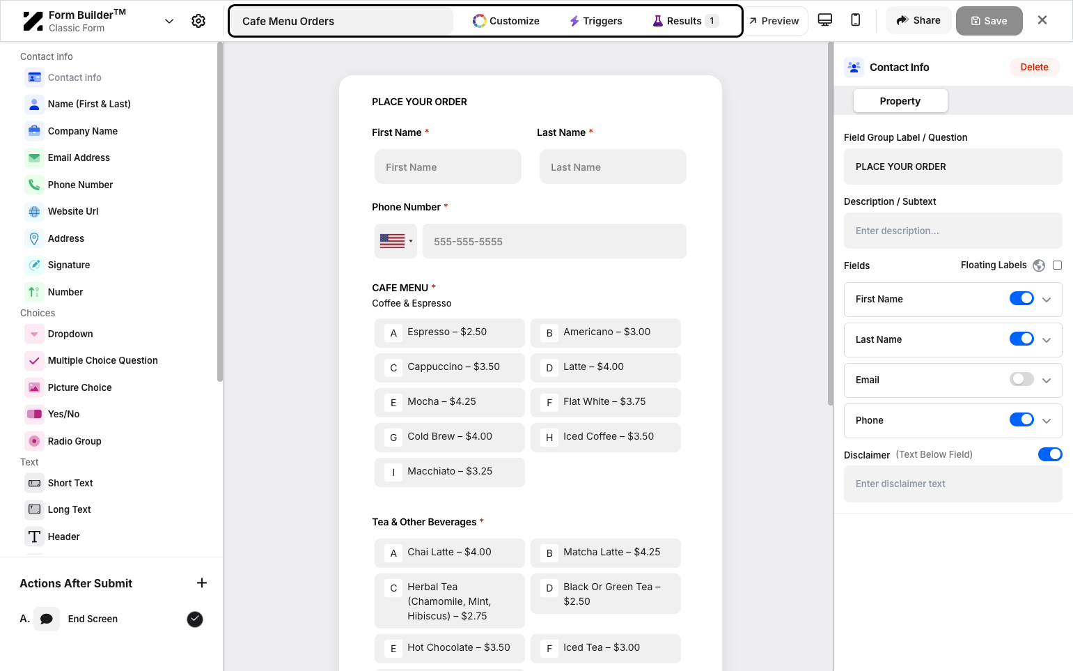 Step 4: The Form Builder appears, allowing you to edit your form. From the top, you can edit the form title, access the customizer, manage triggers, and view the results page.