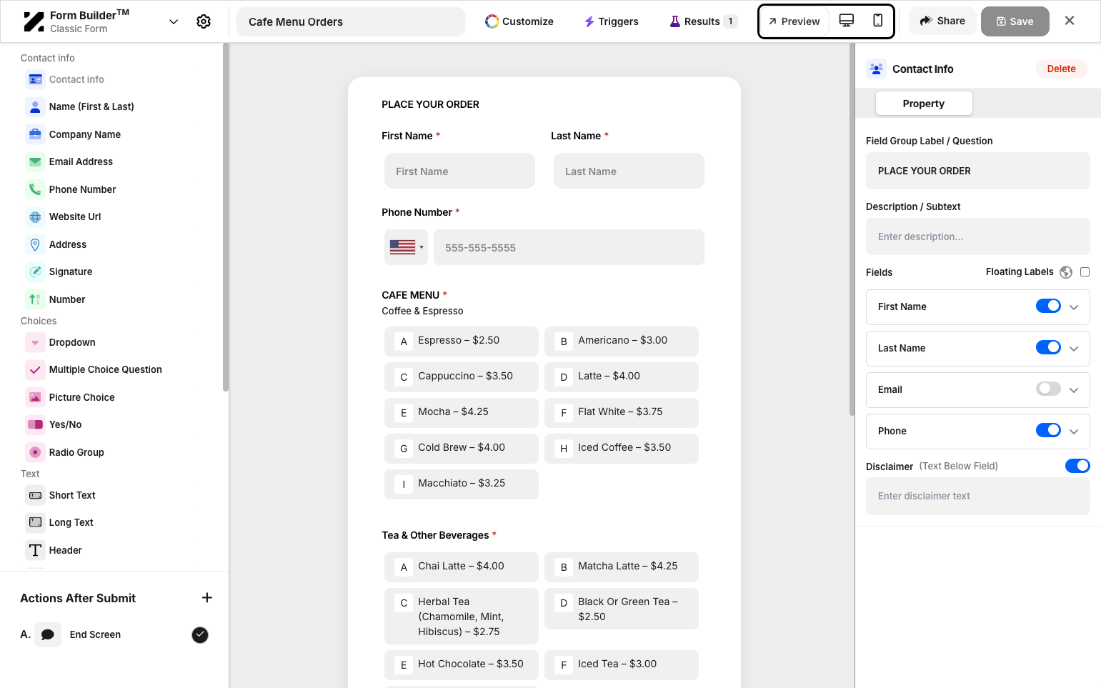 Step 5: Beside it, you can preview the form, switch between desktop and mobile views, share the form link, and use the Save button.