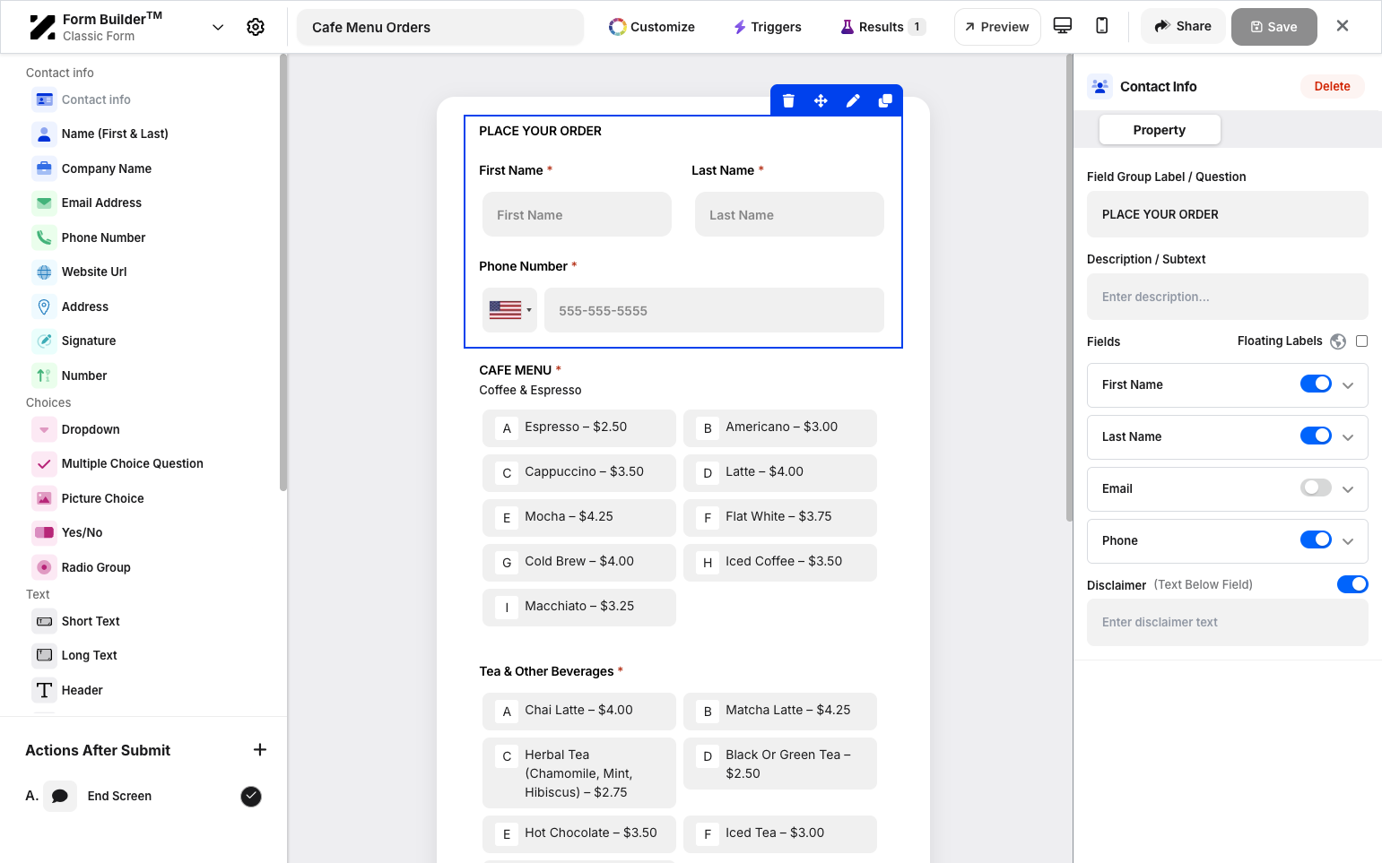 Step 8: Clicking an existing widget provides options to delete, move, or duplicate it. The label and fields on the right side allow you to fully customize the widget.
