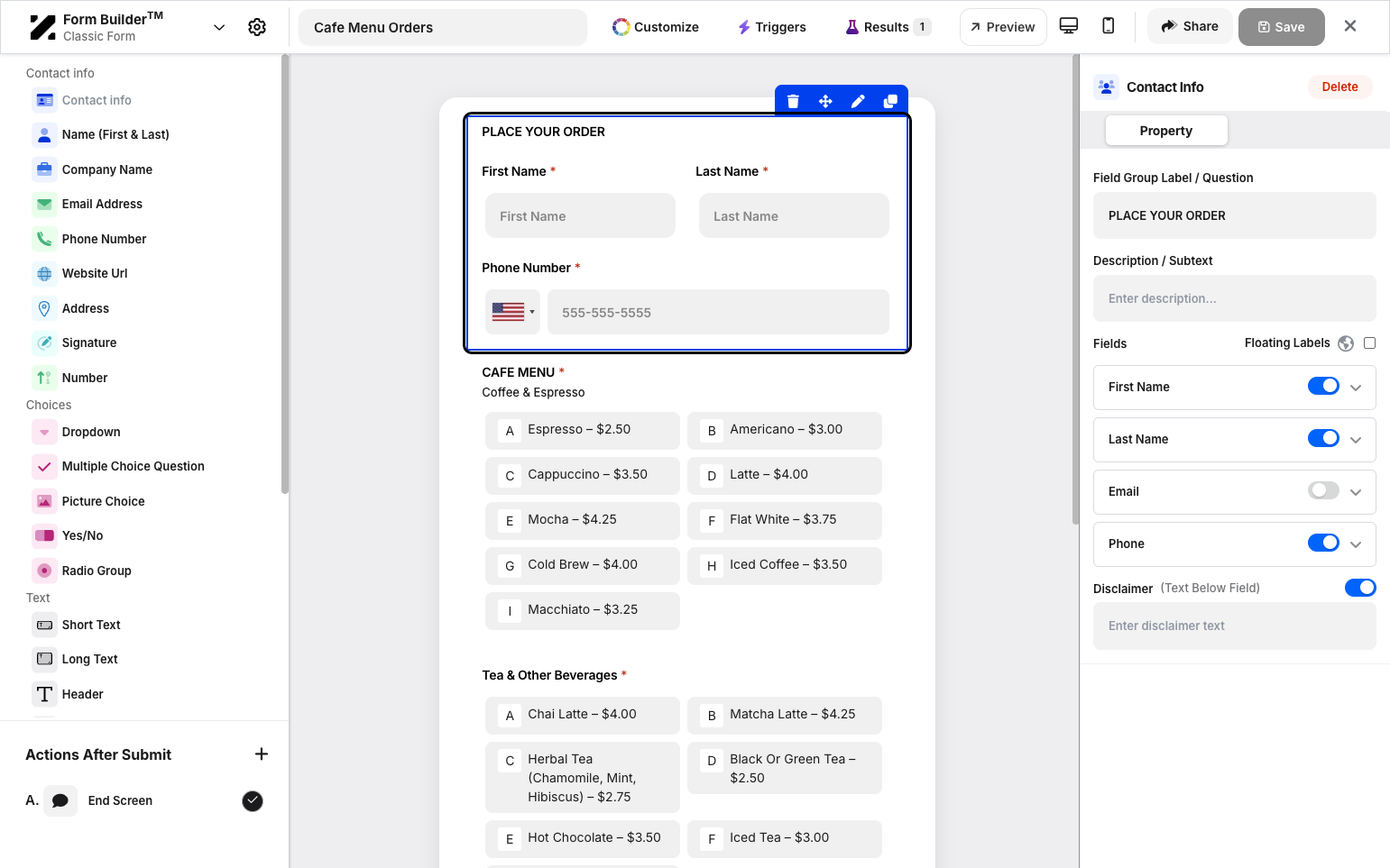 Step 8: Clicking an existing widget provides options to delete, move, or duplicate it. The label and fields on the right side allow you to fully customize the widget.