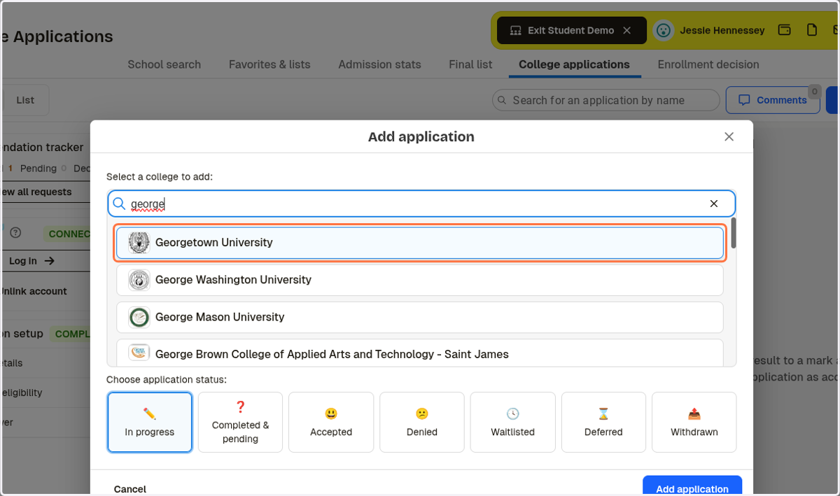 Type in the school name and select the college