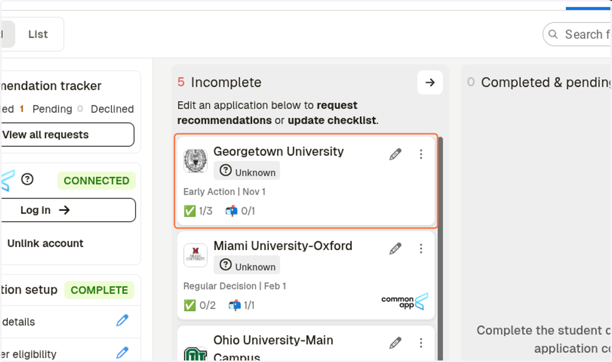 The college will be added to your pending applications