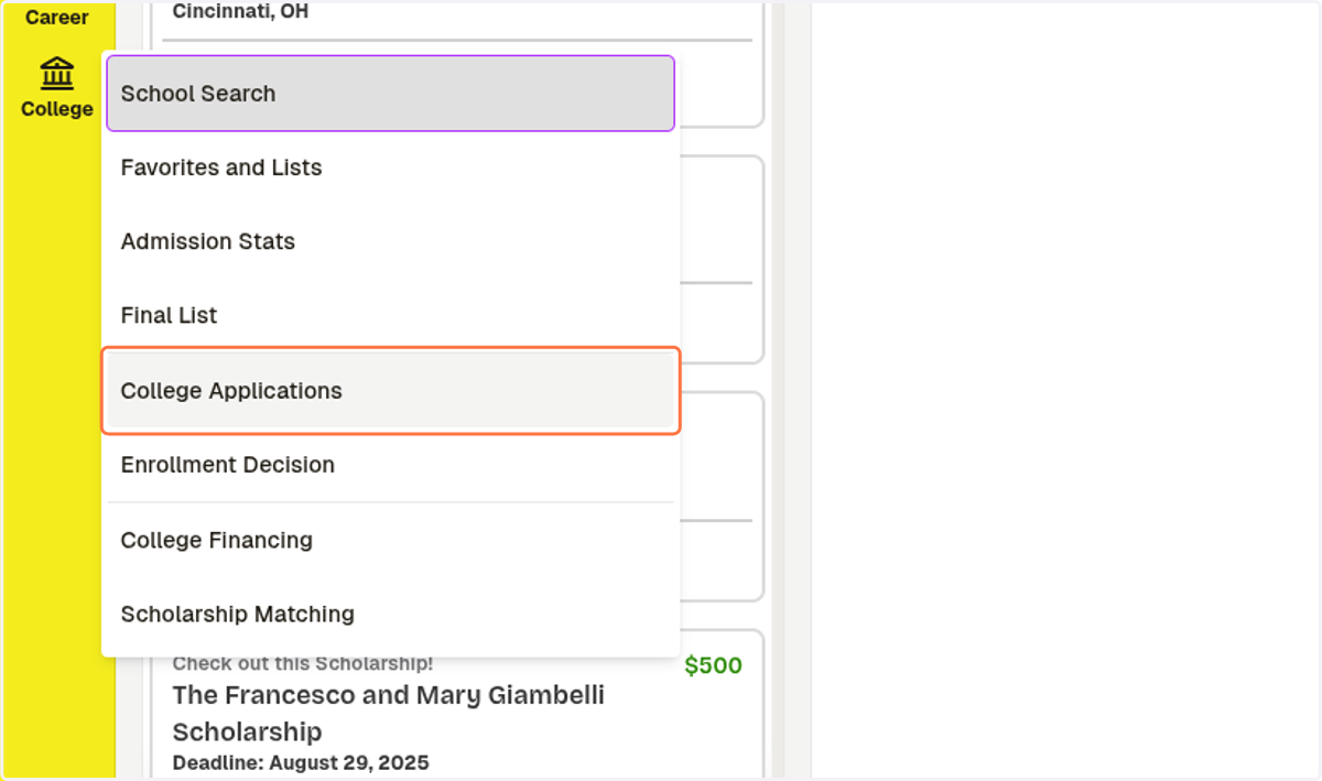 Click on College Applications
