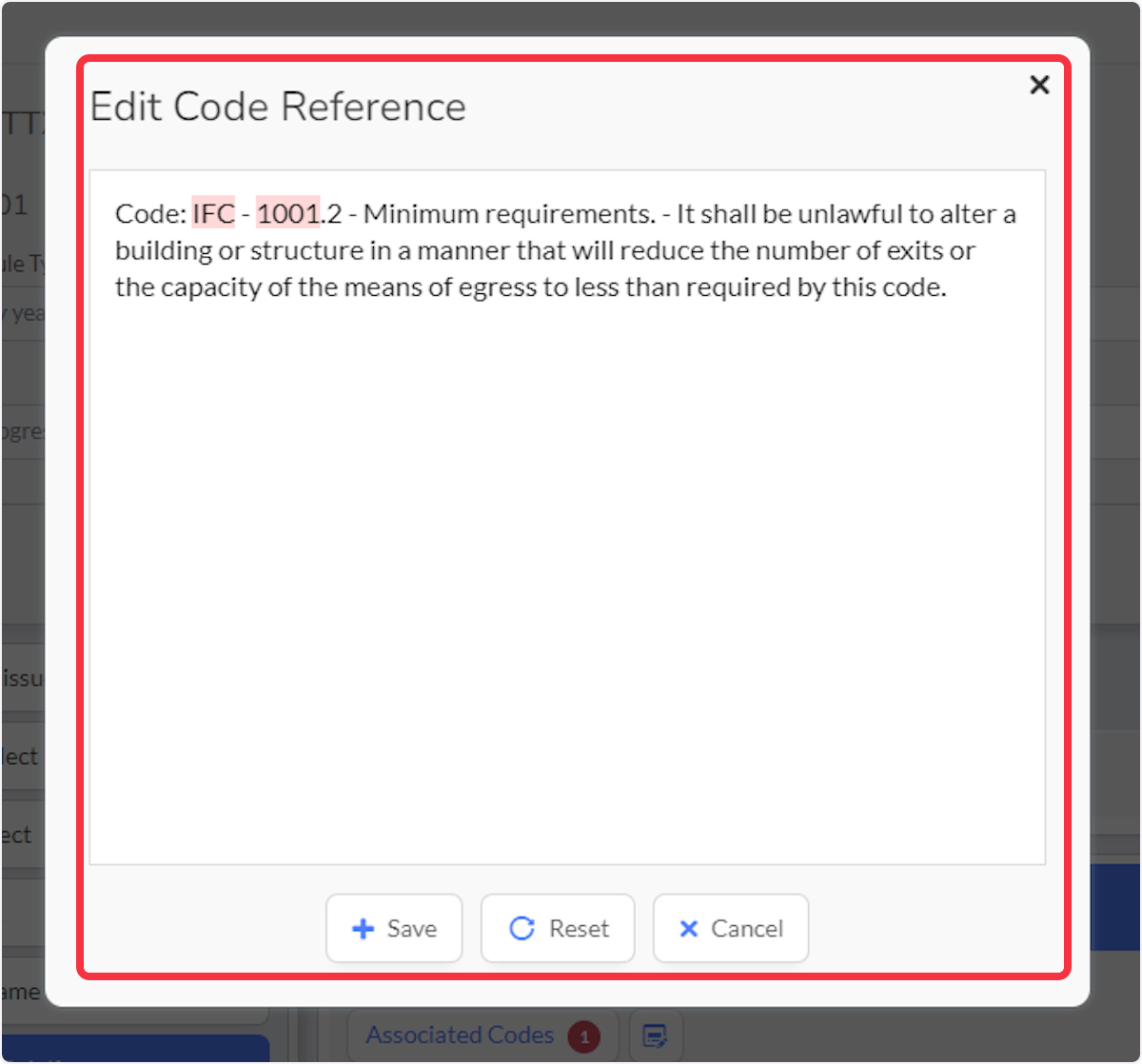 Dialog window for editing the Associated Code Reference.  Select Save, Reset, or Cancel when done.