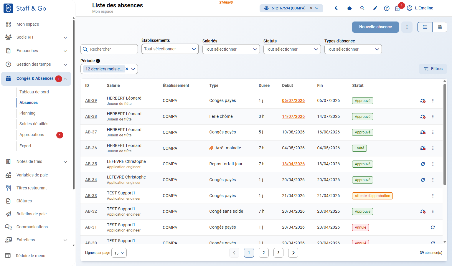 Cliquer sur Nouvelle absence