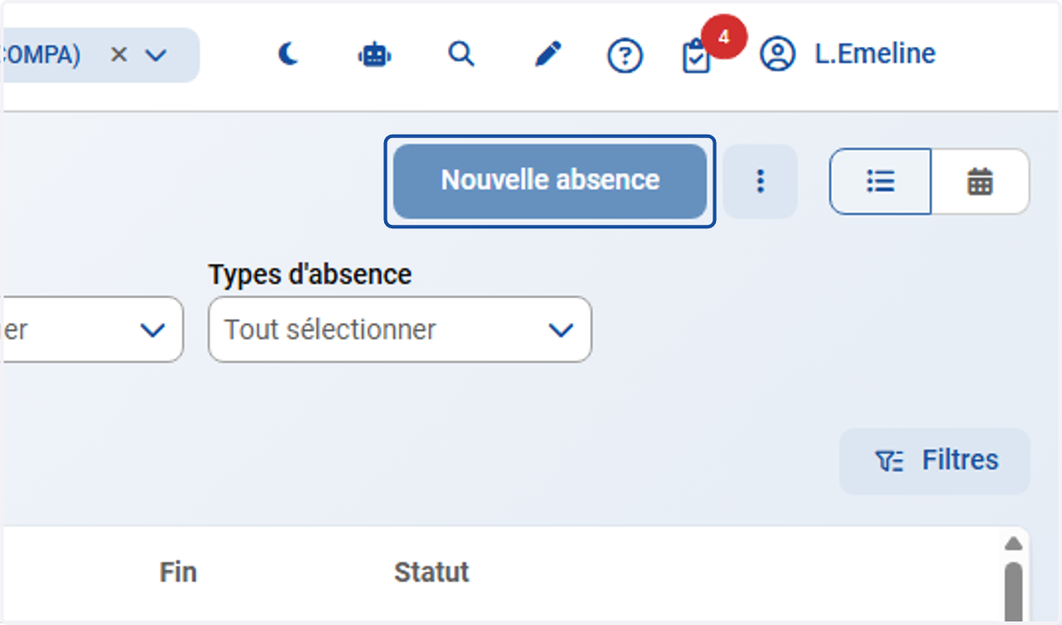Cliquer sur Nouvelle absence