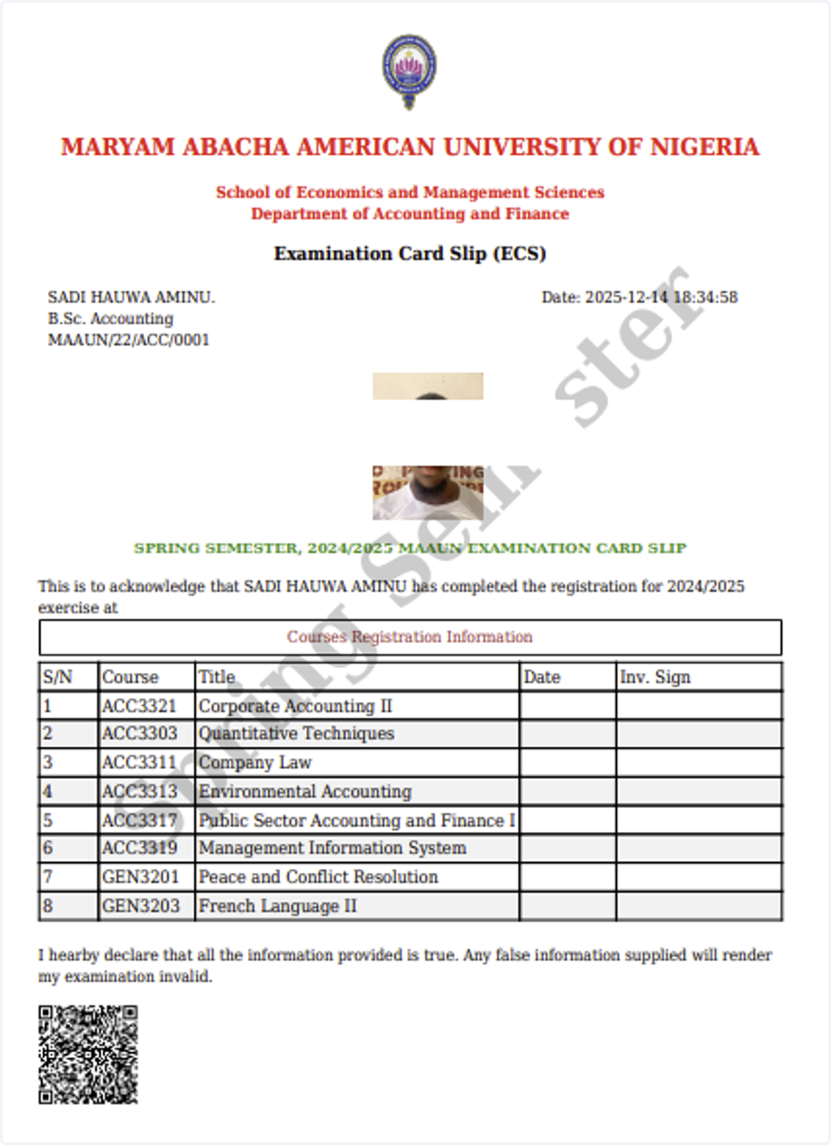 Sample Exam Card