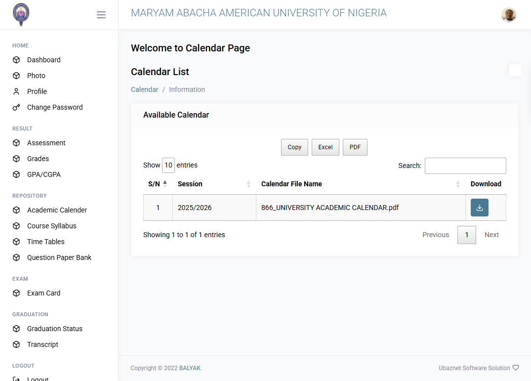 Academic Calendar