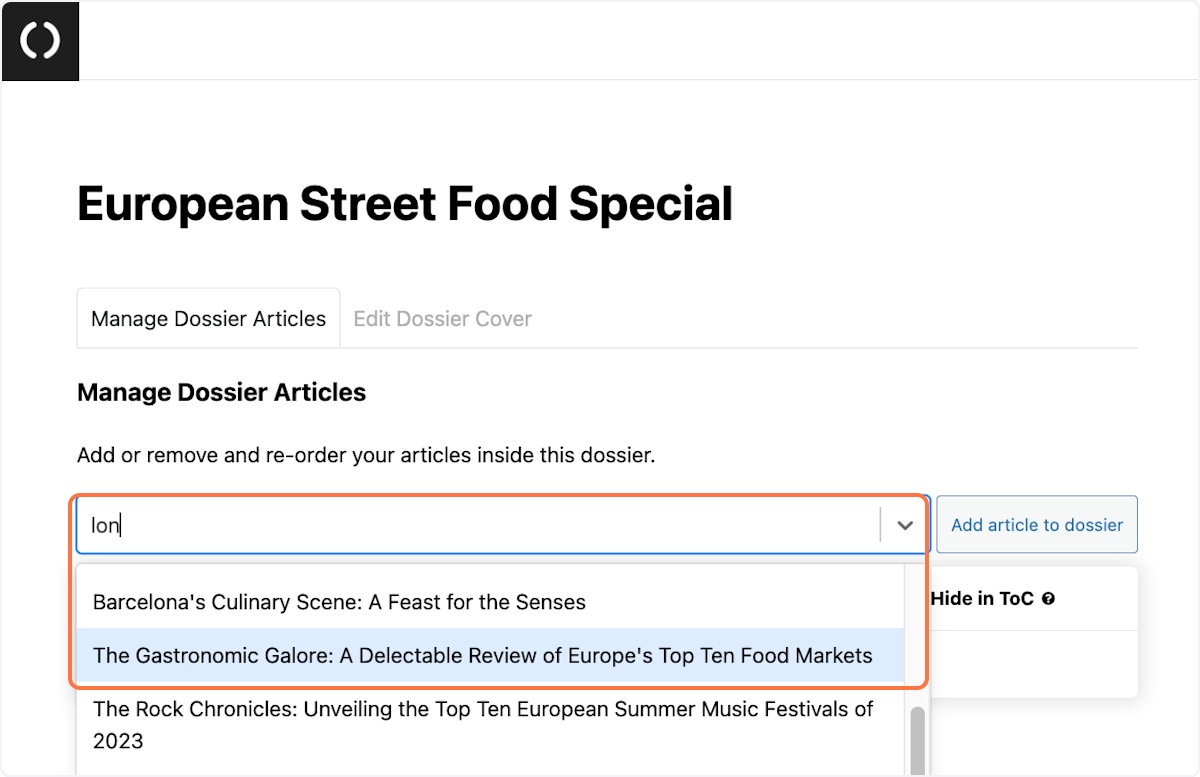 select an article from the dropdown by clicking on 