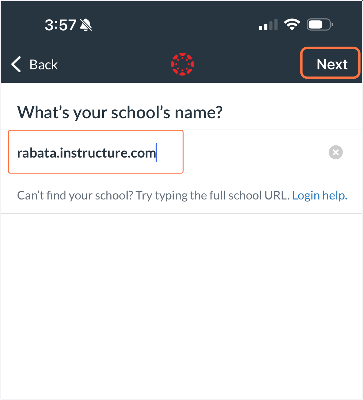Type rabata.instructure.com and click Next