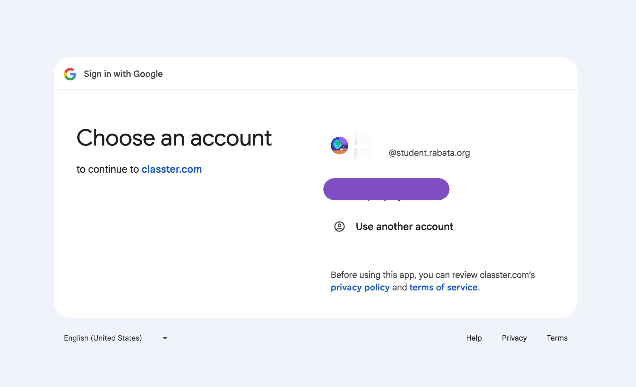 Choose your account ending in @student.rabata.org
