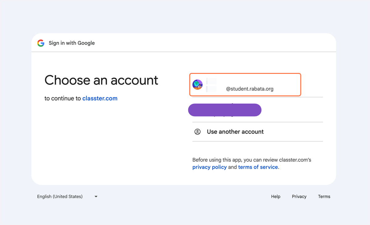 Choose your account ending in @student.rabata.org