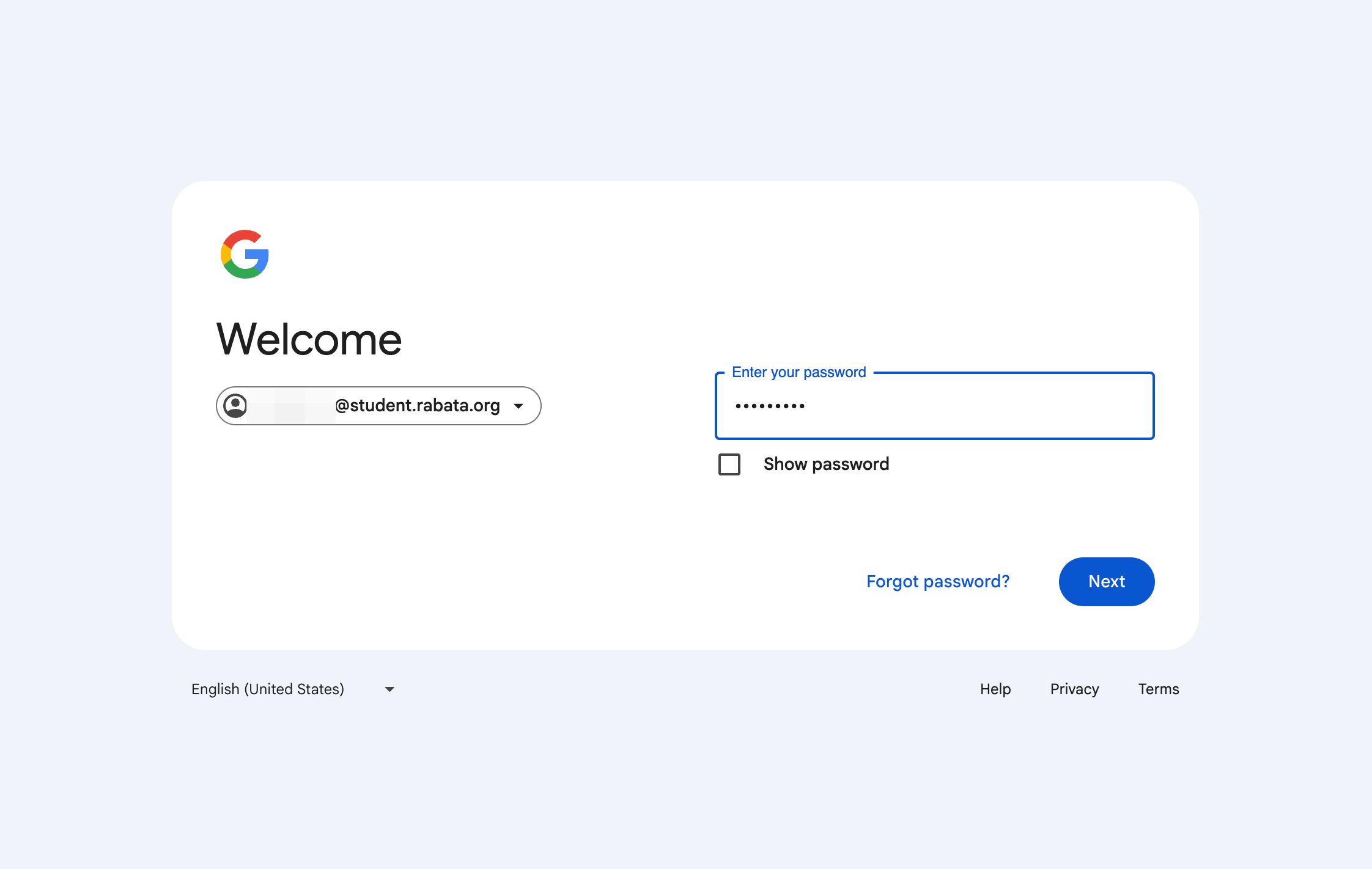 Type your username ending in "@student.rabata.org" and click Next