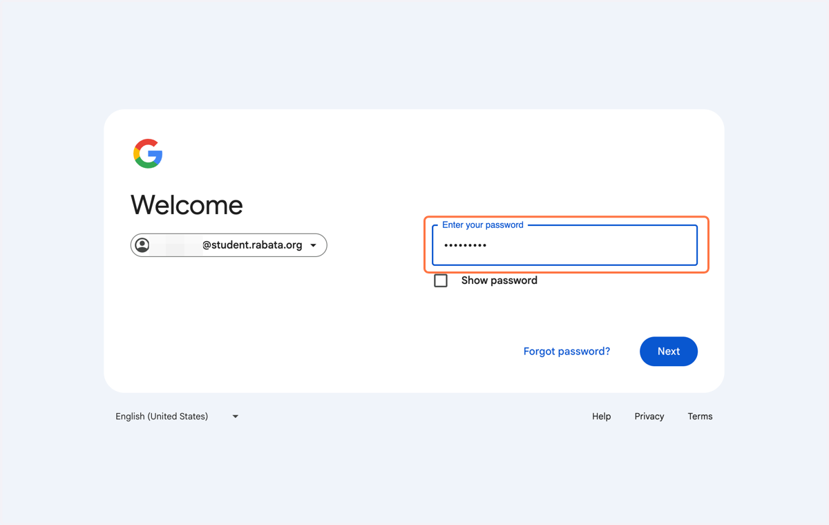 Type your username ending in "@student.rabata.org" and click Next