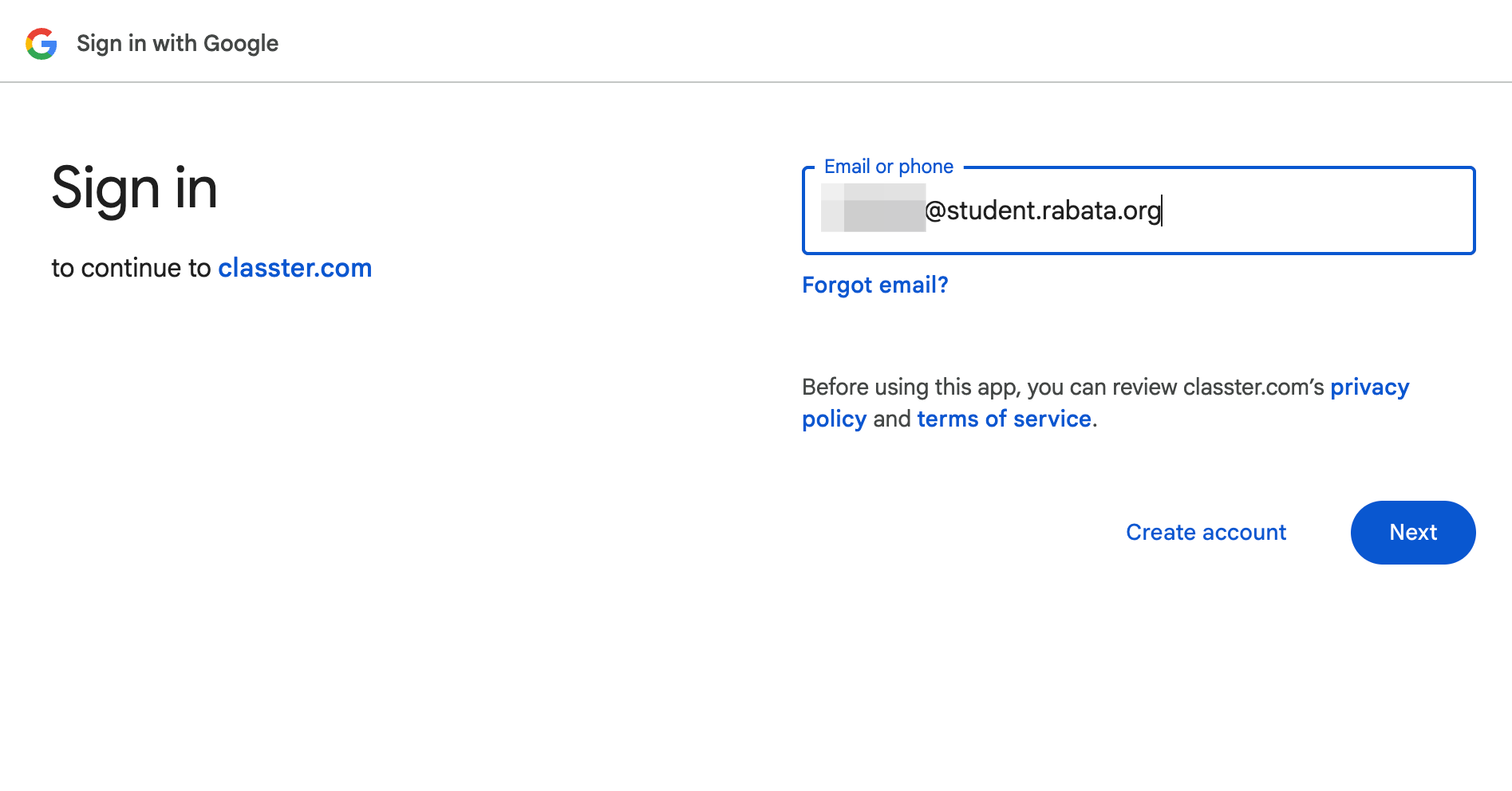 Type your username ending in "@student.rabata.org" and click Next