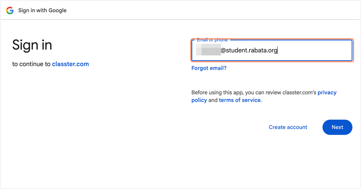 Type your username ending in "@student.rabata.org" and click Next