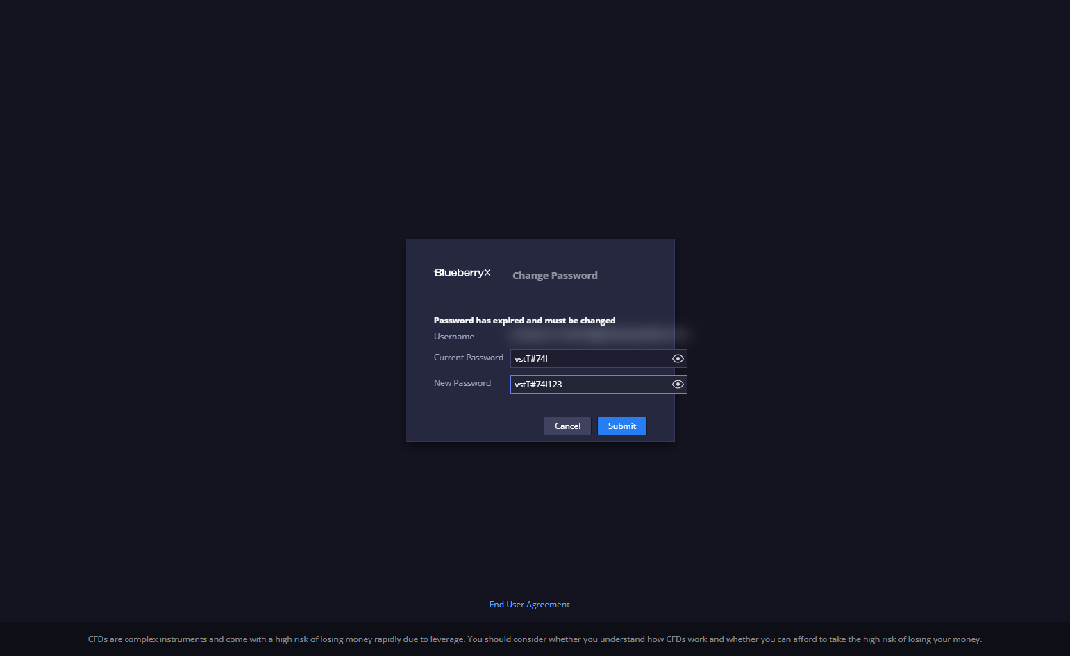 Enter the temporary password (Current Password) and your "New Password"