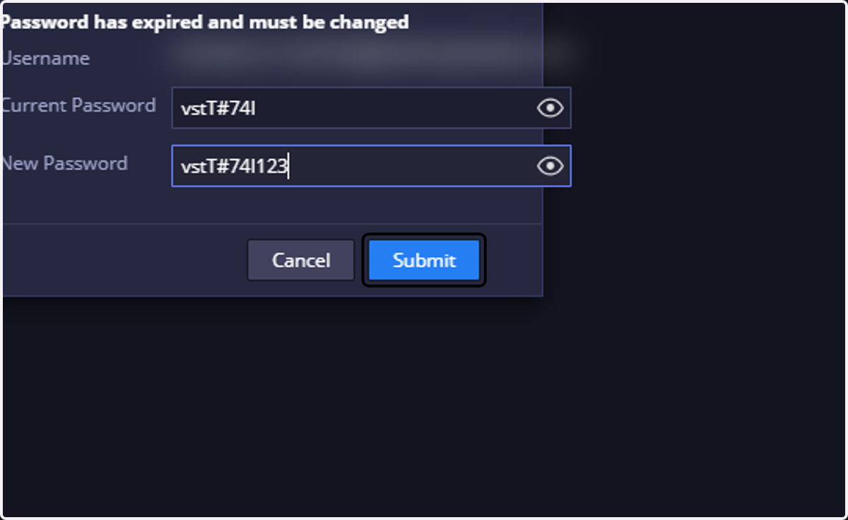 Enter the temporary password (Current Password) and your "New Password"