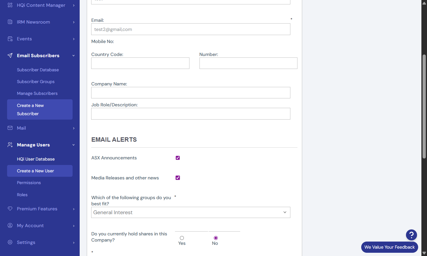 To remove a user's access on your website, simply navigate to "Manage Users" in HQi. Then click on "HQi User Database" and you'll see your list of users.