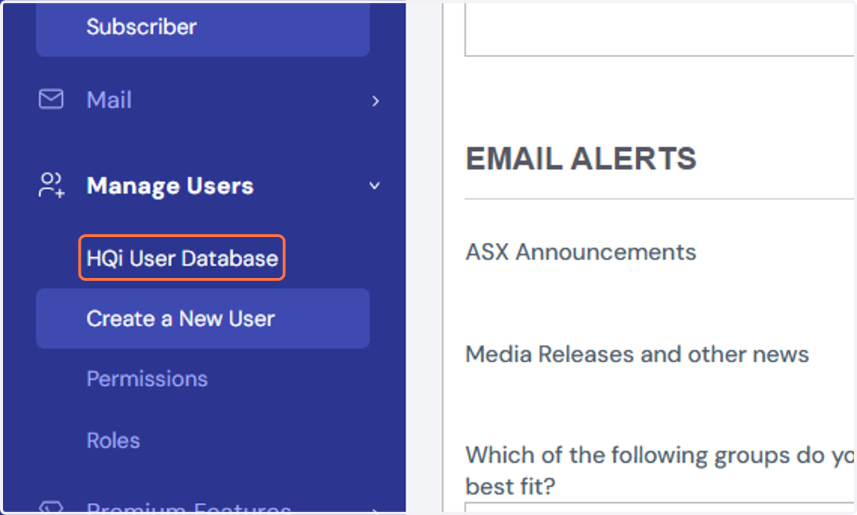 To remove a user's access on your website, simply navigate to "Manage Users" in HQi. Then click on "HQi User Database" and you'll see your list of users.