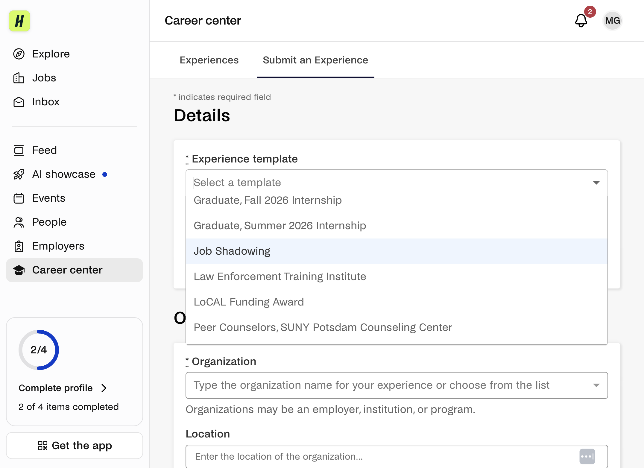 Click on Job Shadowing