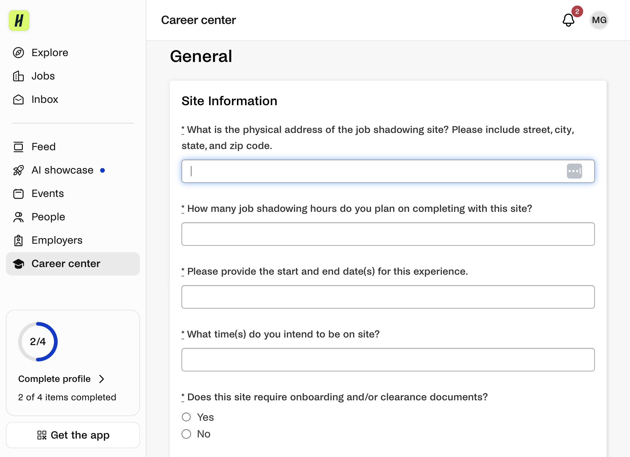 Enter the physical address for the job shadowing site.