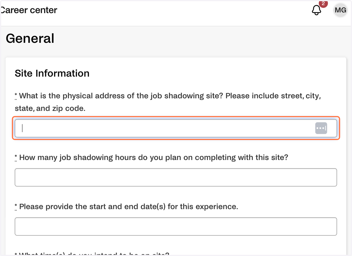 Enter the physical address for the job shadowing site.