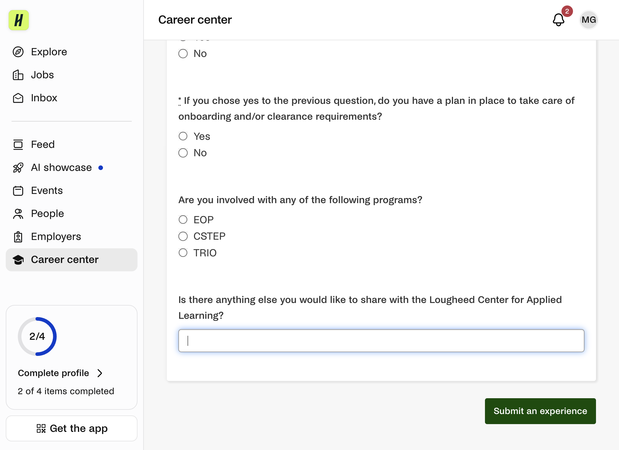 Click on the Submit an experience button.